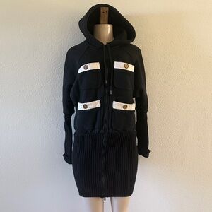 Moschino CoutureBlack Hooded Knit Zip-Front Dress with Contrast Pockets M